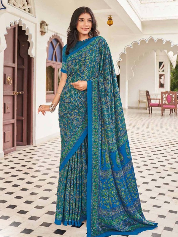 Ocean Blue Crepe Silk Digital Print Saree